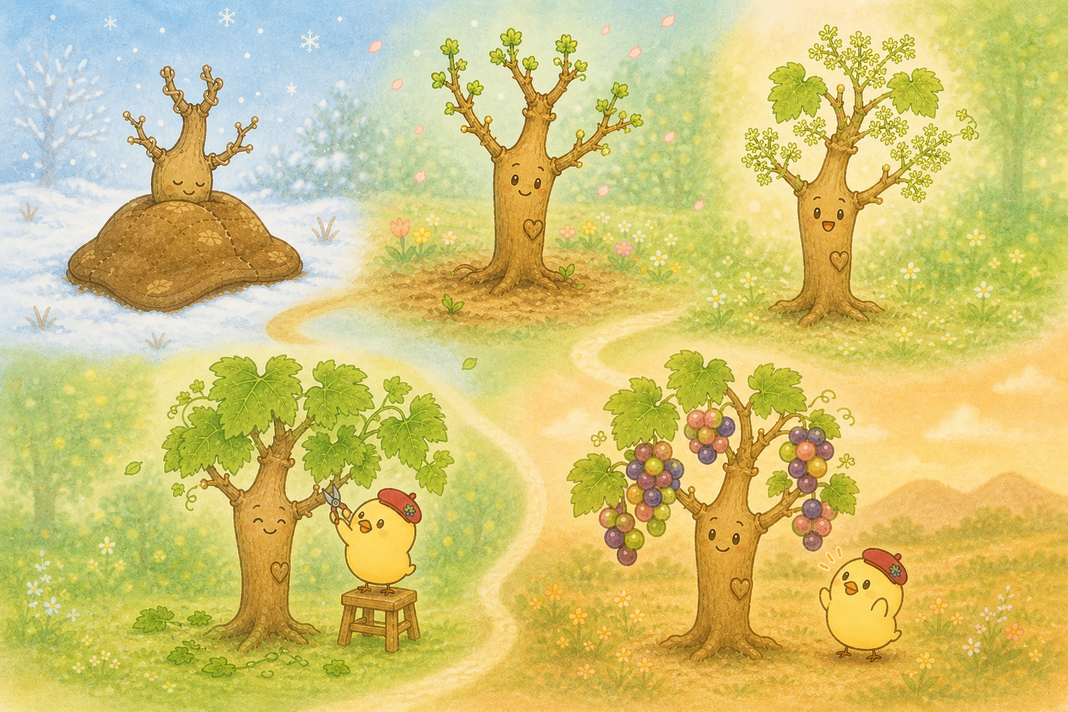 土の布団で眠る冬から色づく秋まで、擬人化したブドウの木の1年