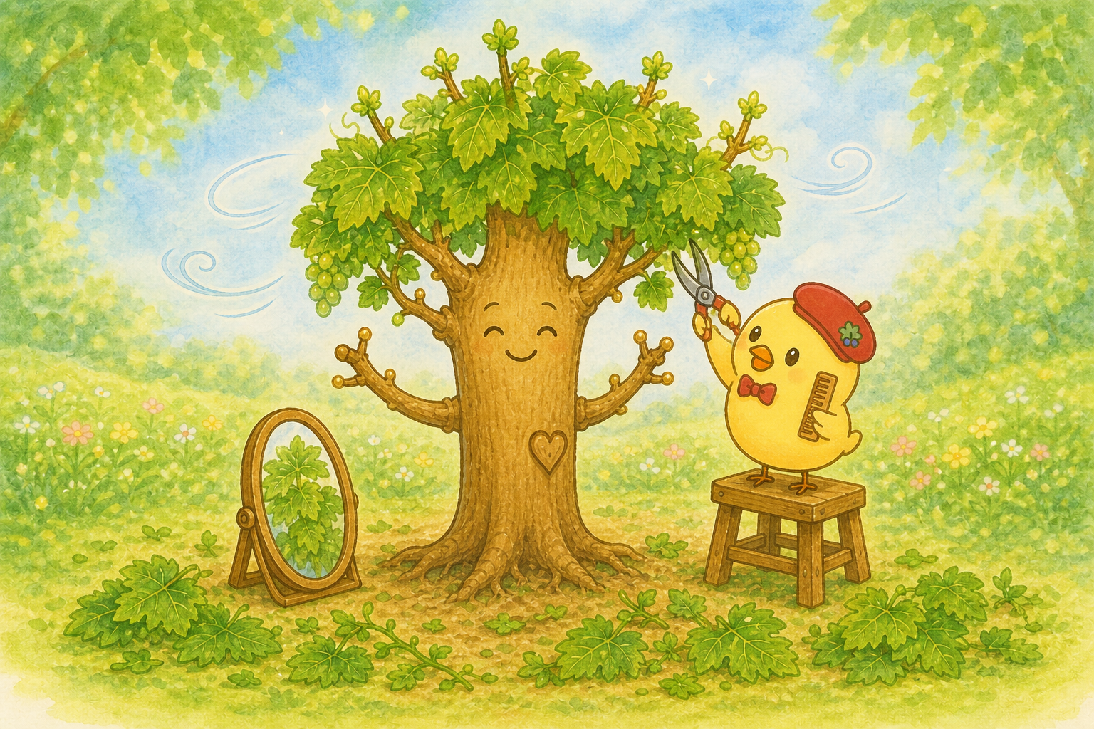 ピヨに葉の頭を散髪してもらい、すっきりした表情のブドウの木